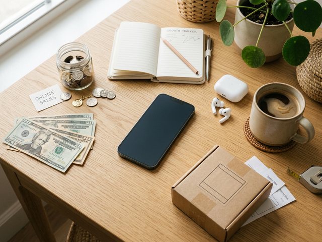 An overhead flat-lay of a phone surrounded by small cues of Instagram creator income, an editorial scene