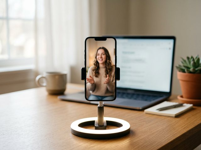 A vertical phone on a ring light showing the same recognizable AI influencer in a Reel, conveying a daily Instagram production engine