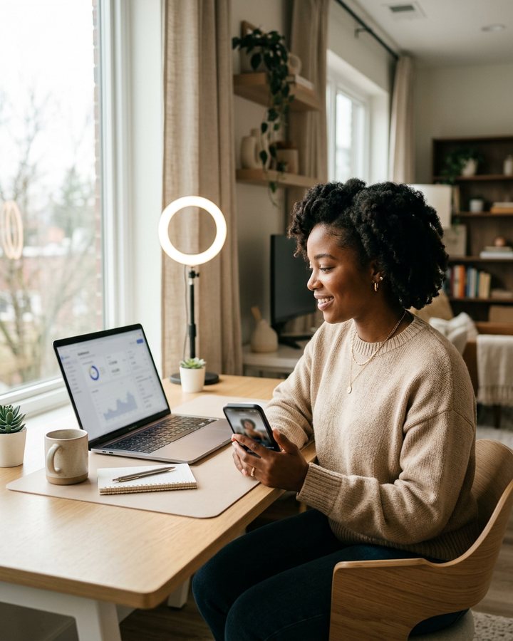 A creator reviewing earnings on a laptop while running a faceless AI influencer channel from a bright home desk
