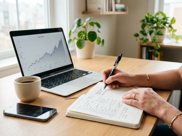Hands writing in a notebook beside a laptop showing a steadily rising chart, an editorial cue of realistic growth