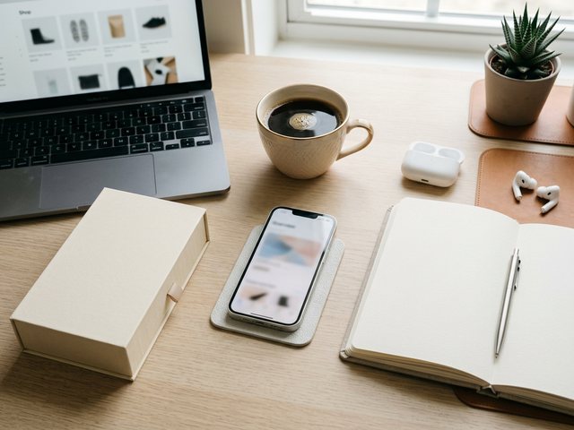 A bright desk flat-lay with a phone, notebook, and small product box, an editorial cue of several income streams