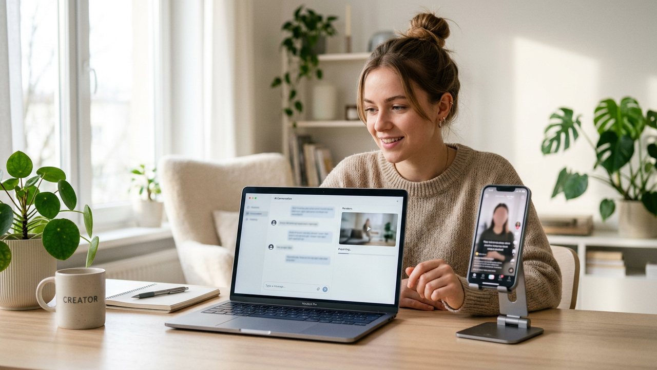A Claude chat building an AI influencer persona next to a captioned vertical reel rendered by AvatarFactory