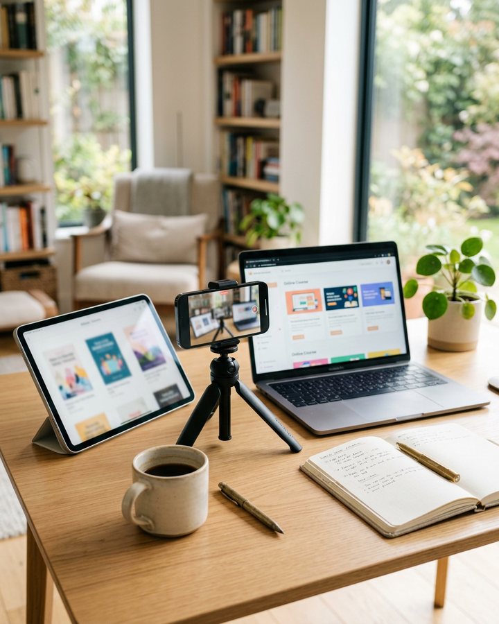 A creator's bright desk with a phone filming and screens showing an ebook and an online course, set up to sell digital products