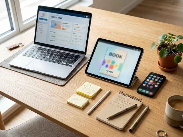 A bright desk flat-lay with a tablet showing an ebook cover and a laptop showing an online course page, a digital product catalog