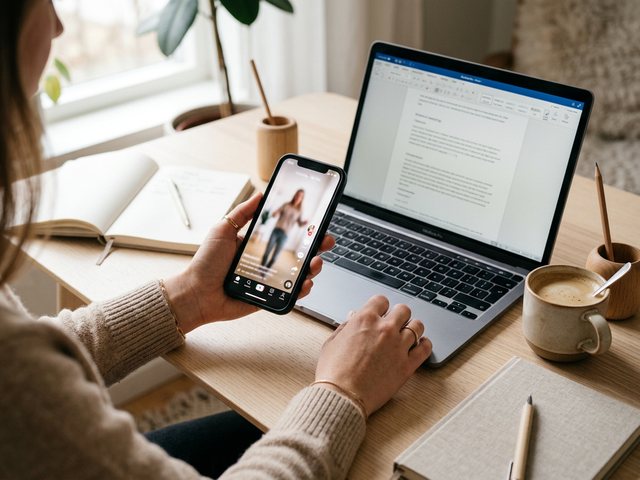Hands holding a phone showing a vertical short-form video next to a laptop with a script document, a daily content workflow