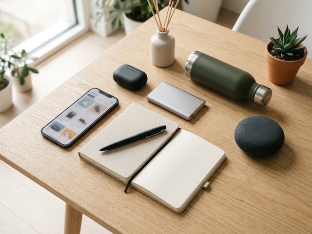 A bright desk flat-lay of sleek unbranded products beside a phone showing a shopping marketplace grid