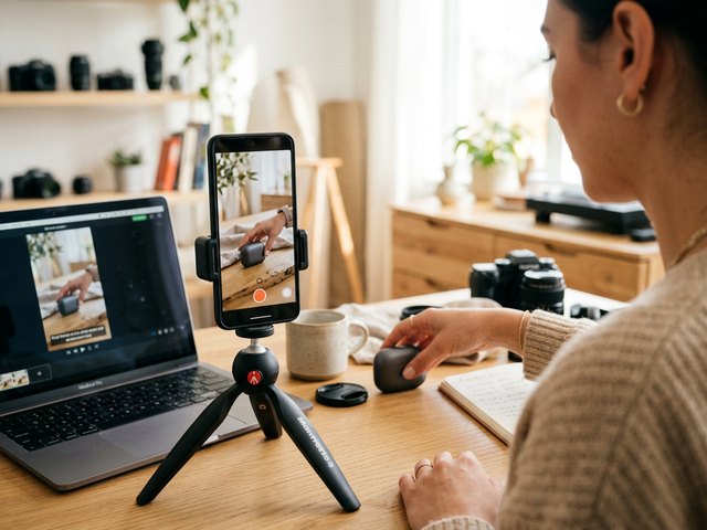 Over the shoulder, a vertical phone on a tripod films a product demo while a laptop shows the captioned reel