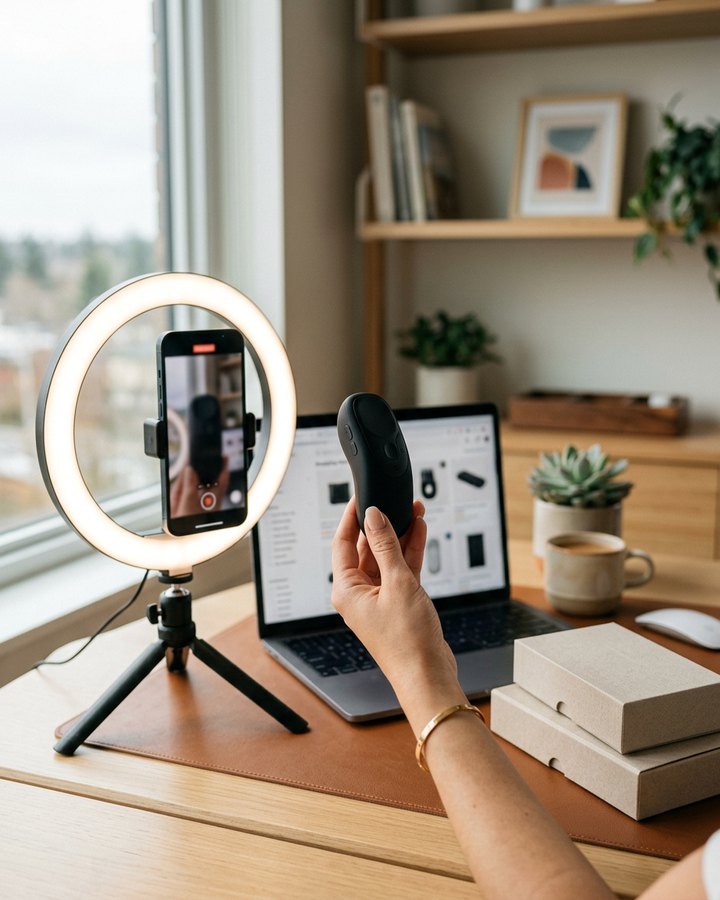 A creator's desk set up to film a vertical TikTok Shop product review on a phone and ring light