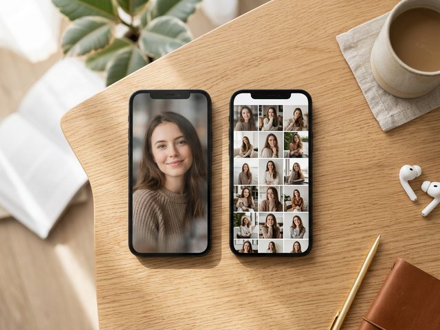 Two phones side by side, one showing a single still portrait and one showing a feed of the same recognizable AI influencer repeated across many posts