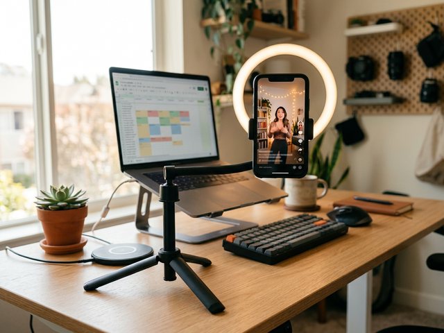 A phone on a ring light rendering a vertical short-form video beside a laptop showing a posting calendar, an always-on content factory