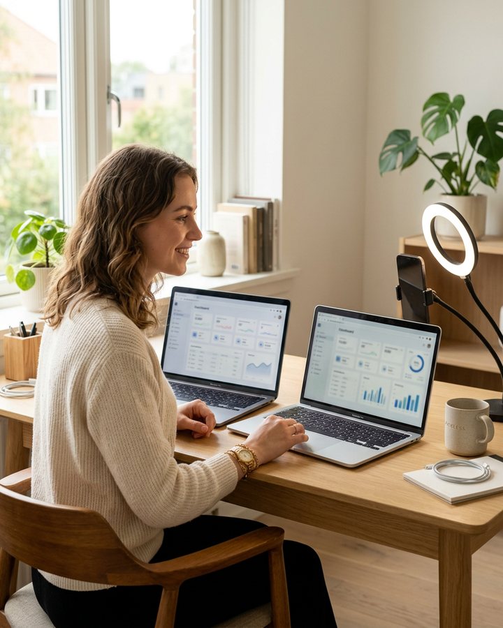 A creator comparing two laptops side by side while running a faceless AI influencer channel from a bright home desk