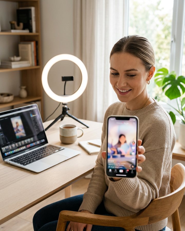 A creator running a faceless YouTube Shorts channel from a phone at a bright home desk