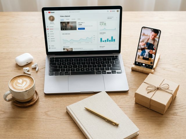 A desk flat-lay of a phone and laptop showing a Shorts channel earning multiple income streams
