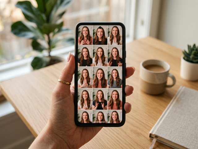A phone showing a Shorts feed grid of the same recognizable AI host repeated across every upload