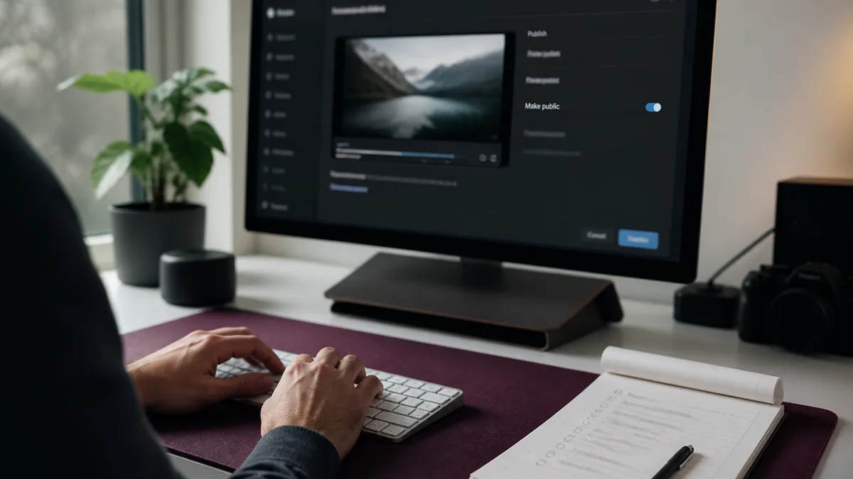 A creator at a desk reviewing the AI content disclosure toggle before publishing a video