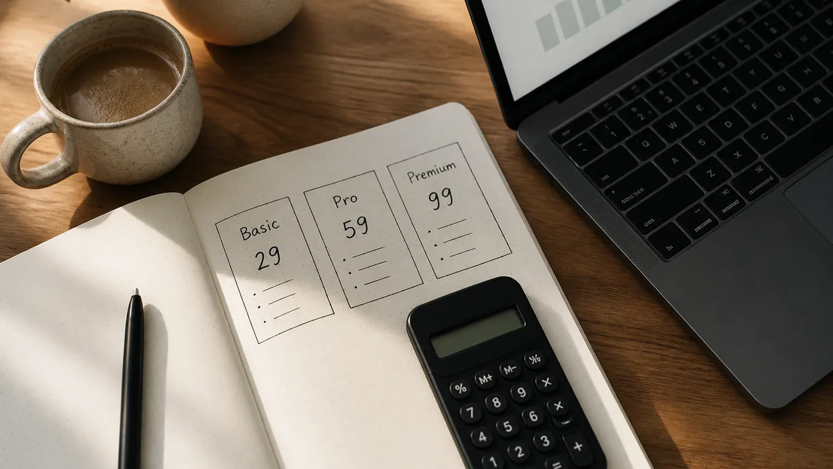 An AI influencer persona planning paid community tiers and pricing at a desk with a laptop