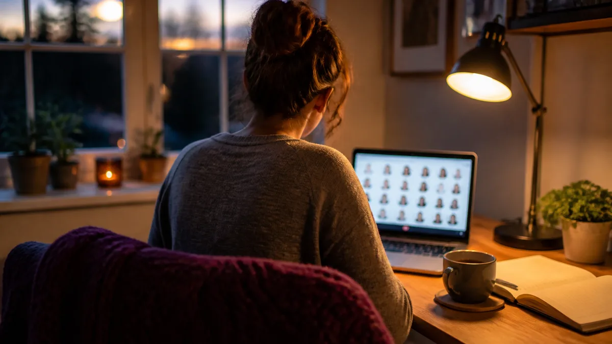 An AI influencer persona hosting a private fan community feed on a laptop