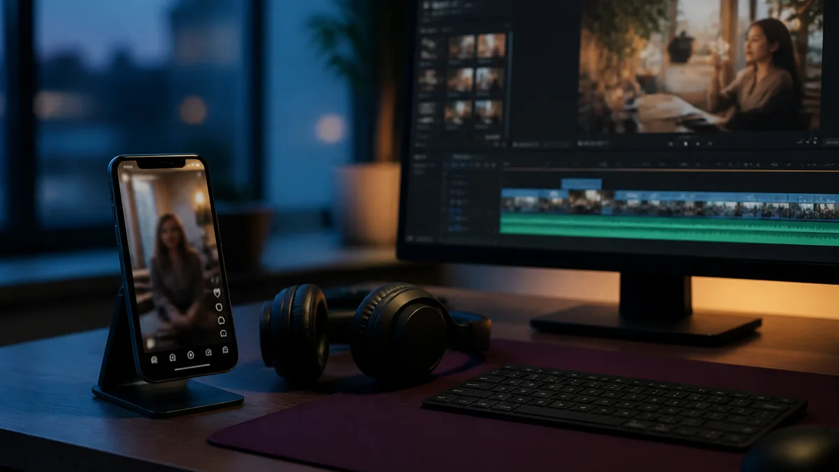A faceless creator desk set up to ship both vertical YouTube Shorts and long-form video from one recurring AI host