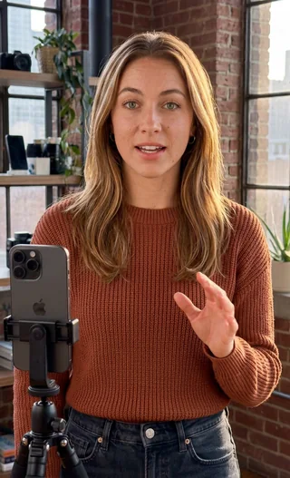 The same avatar filming a talking-head reel, published from the video queue